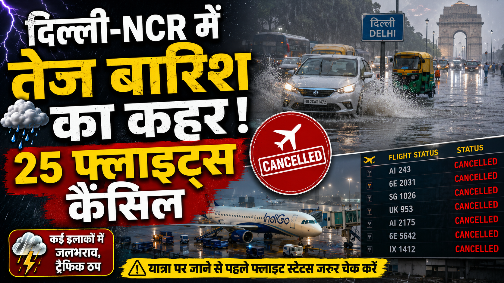 दिल्ली-NCR में तेज बारिश का कहर! 25 फ्लाइट्स कैंसिल
