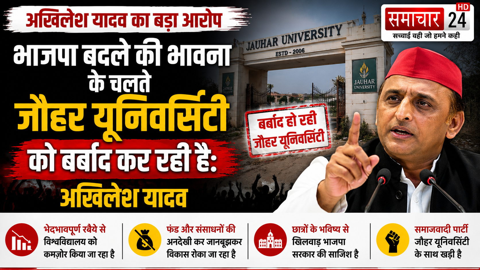 भाजपा बदले की भावना के चलते जौहर यूनिवर्सिटी को बर्बाद कर रही है: अखिलेश यादव