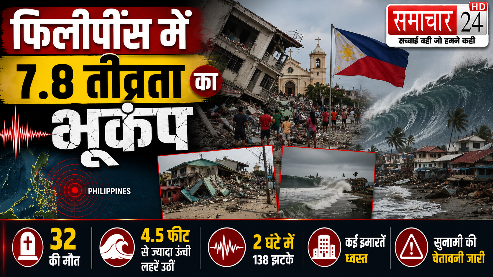 फिलीपींस में 7.8 तीव्रता का भूकंप, इमारतें गिरीं, 32 की मौत, 2 घंटे में 138 झटके आए