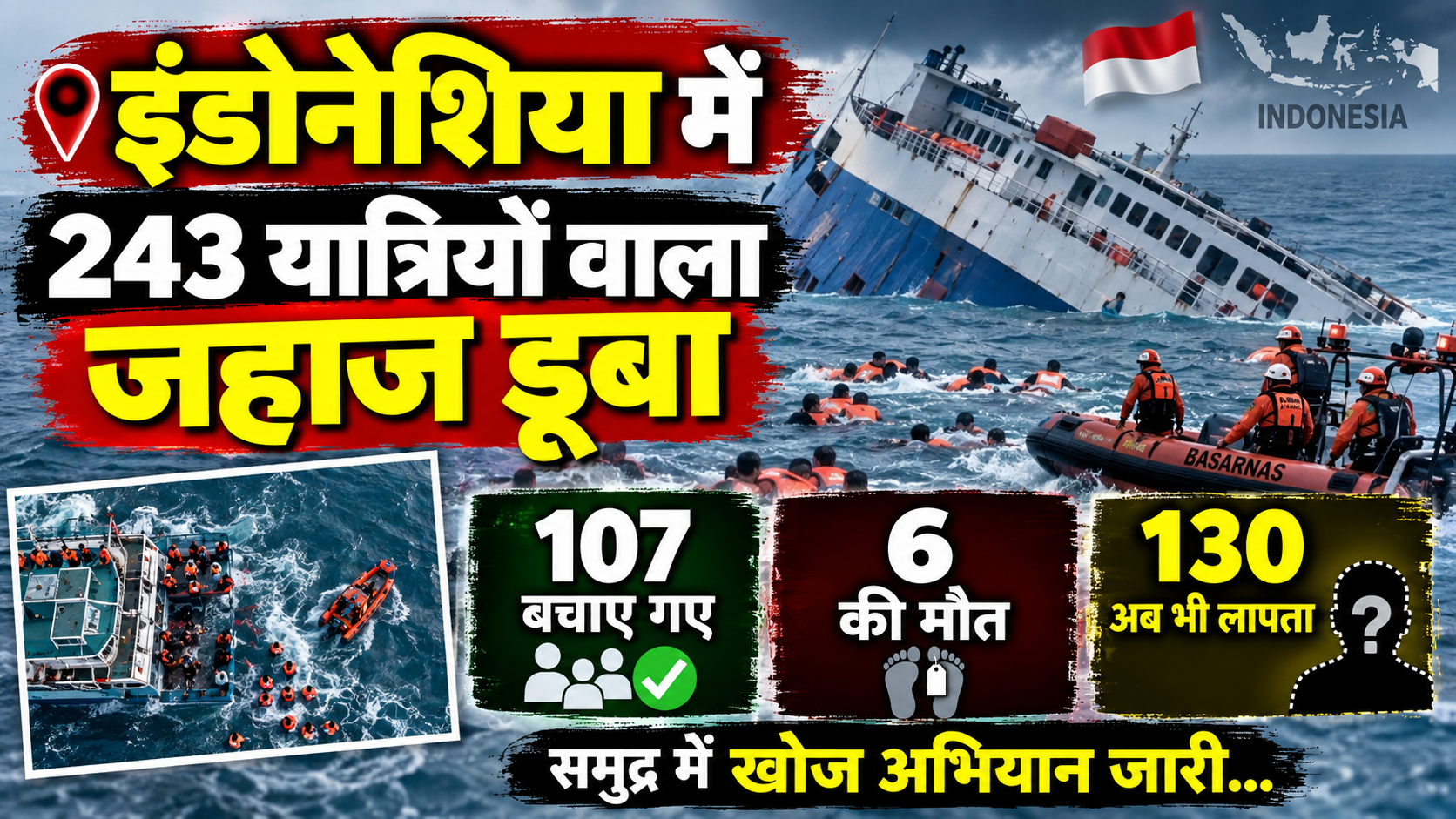 इंडोनेशिया में 243 यात्रियों वाला जहाज डूबा, 107 बचाए, 6 की मौत, 130 अब भी लापता
