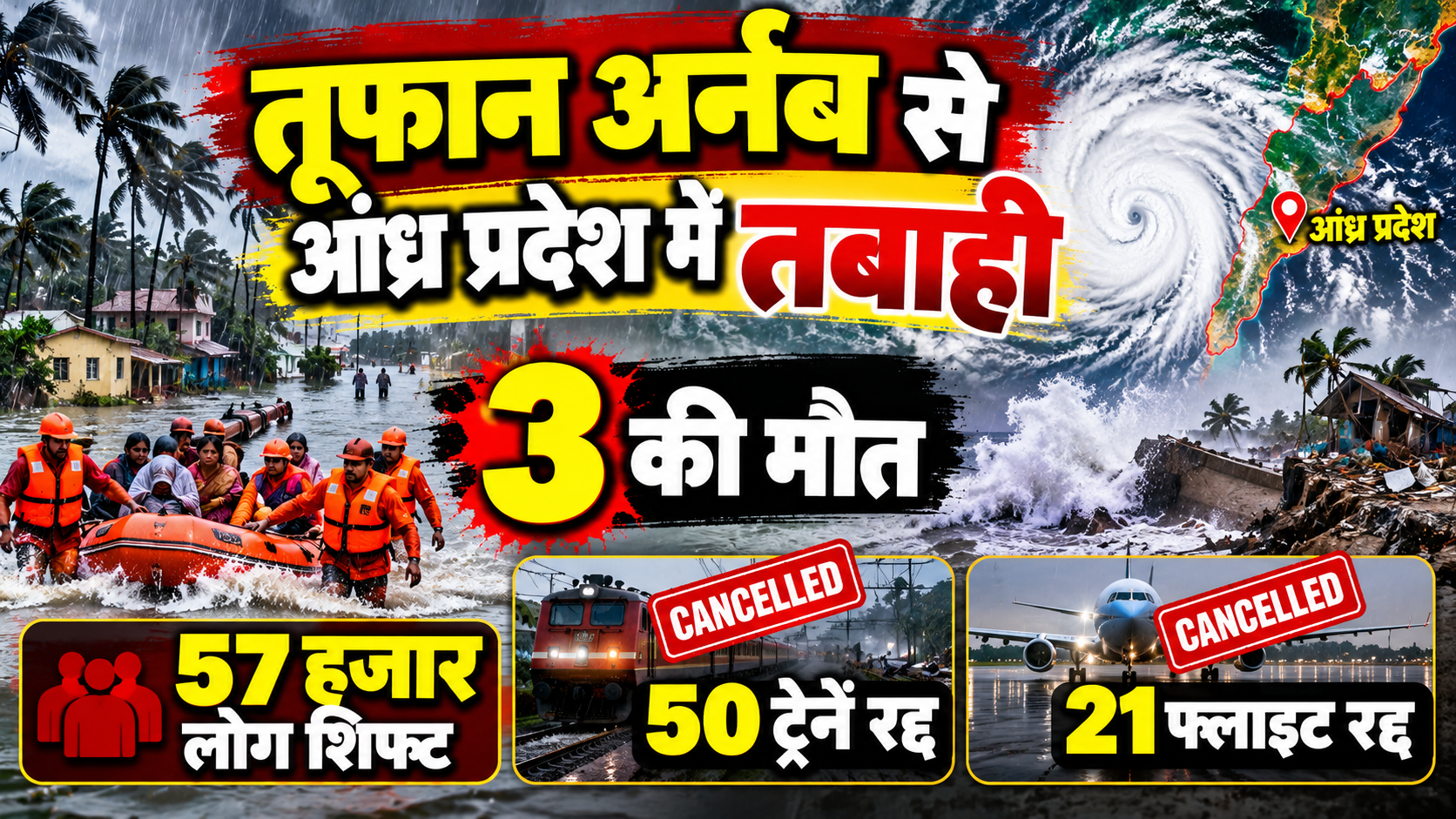 तूफान अर्नब से आंध्र प्रदेश में तबाही, 3 की मौत; 57 हजार लोग शिफ्ट, 50 ट्रेनें-21 फ्लाइट रद्द