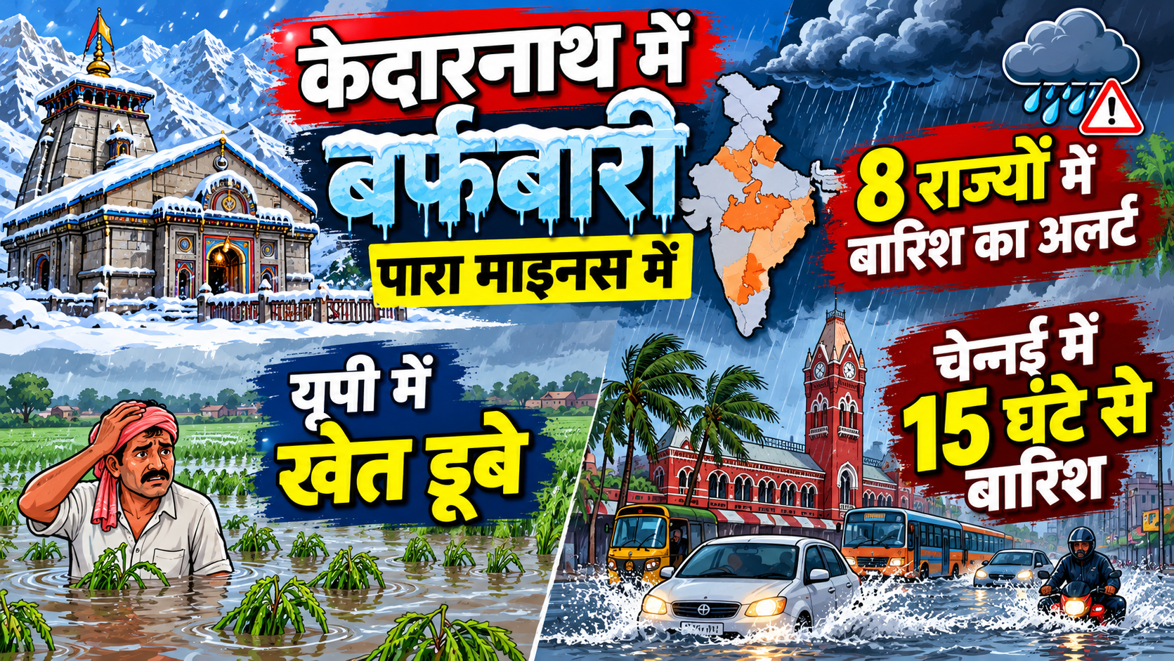 केदारनाथ में बर्फबारी, पारा माइनस में: 8 राज्यों में बारिश का अलर्ट, यूपी में खेत डूबे; चेन्नई में 15 घंटे से बारिश