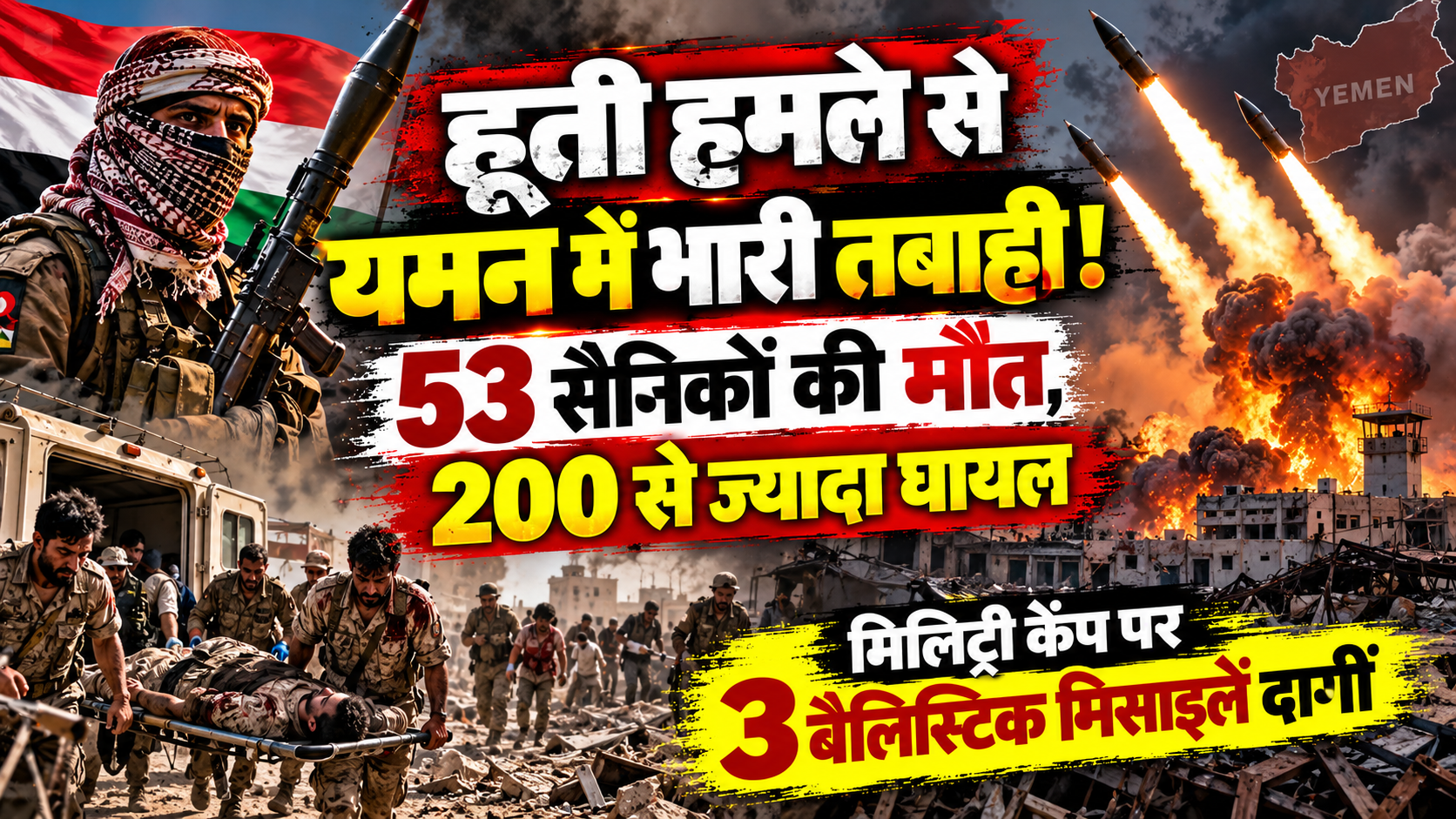 हूती हमले से यमन में भारी तबाही! 53 सैनिकों की मौत, 200 से ज्यादा घायल; मिलिट्री कैंप पर 3 बैलिस्टिक मिसाइलें दागीं